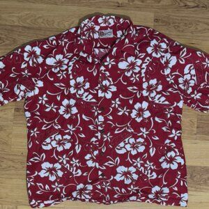 The Hawaiian Original Mens Shirt Button Up Short Sleeve Red Floral Cotton USA XL